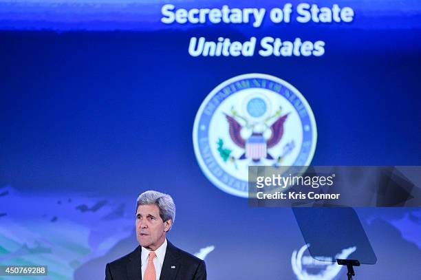 Secretary of State John Kerry speaks during the second and the final day of the 'Our Ocean' conference June 17, 2014 at the State Department in...