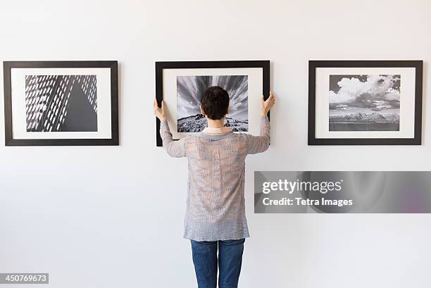 woman hanging photographs in art gallery - hanging stock-fotos und bilder