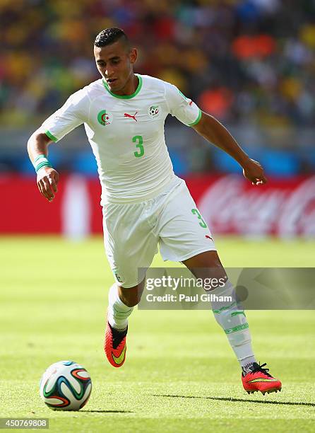 Faouzi Ghoulam of Algeria controls the ball during the 2014 FIFA World Cup Brazil Group H match between Belgium and Algeria at Estadio Mineirao on...