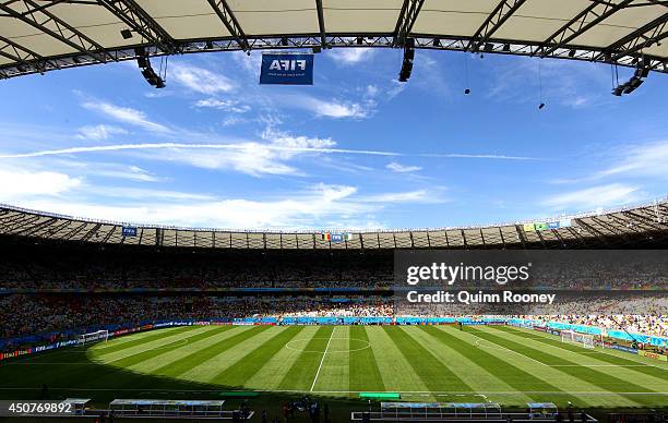 General view of the stadium during the 2014 FIFA World Cup Brazil Group H match between Belgium and Algeria at Estadio Mineirao on June 17, 2014 in...