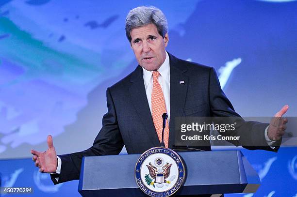 Secretary of State John Kerry speaks during the second and the final day of the 'Our Ocean' conference June 17, 2014 at the State Department in...