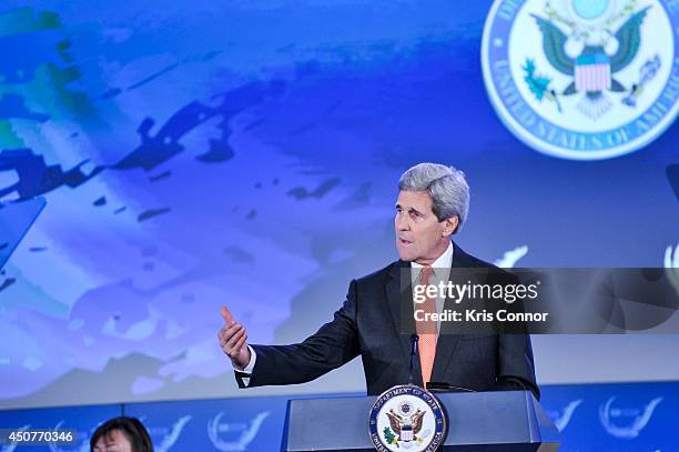 Secretary of State John Kerry speaks during the second and the final day of the 'Our Ocean' conference June 17, 2014 at the State Department in...