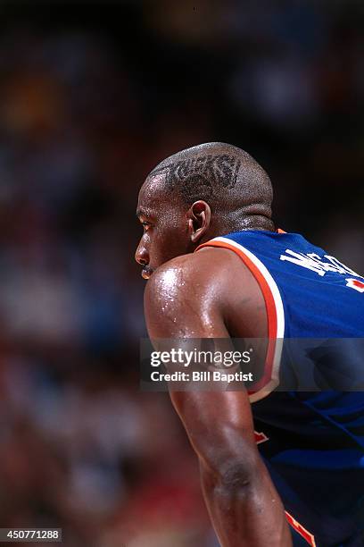 Anthony Mason of the New York Knicks stands on the court during Game Two of the NBA Finals against the Houston Rockets on June 10, 1994 at The Summit...