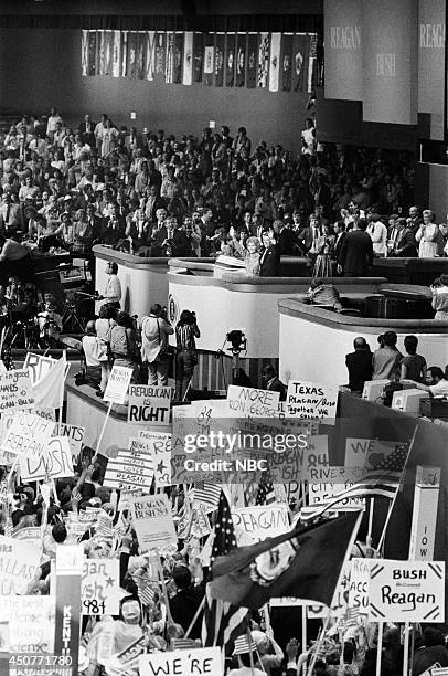 Pictured: Nancy Reagan and incumbent President Ronald Reagan during the 1984 Republican National Convention held at the Dallas Convention Center in...