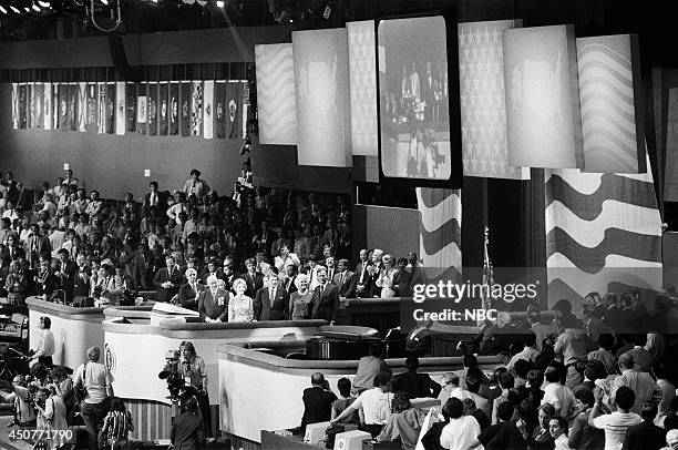 Pictured: First lady Nancy Reagan, incumbent President Ronald Reagan, second lady Barbara Bush, and incumbent Vice President George H. W. Bush watch...