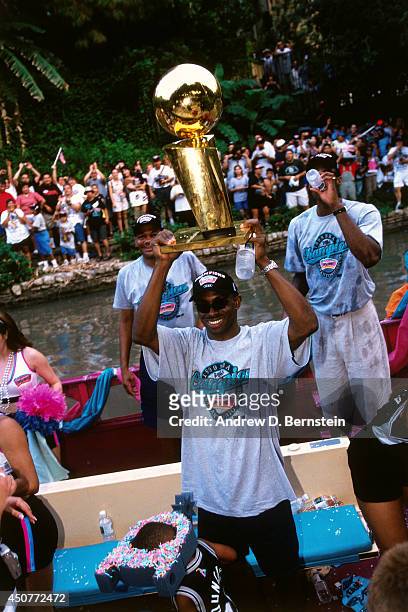 Avery Johnson of the San Antonio Spurs celebrates during the San Antonio Spurs Parade on the Riverwalk to celebrate the 1999 NBA Championship on June...