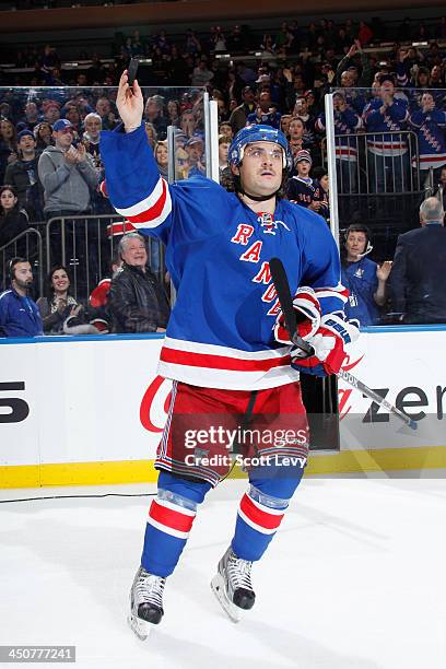 Mats Zuccarello of the New York Rangers salutes the crowd after being named the first star of the game against the Florida Panthers at Madison Square...