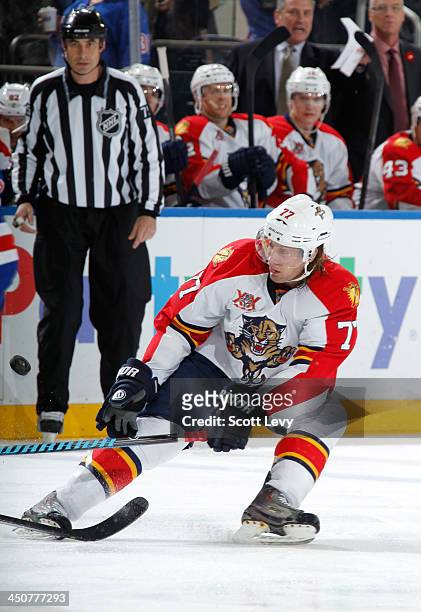 Tom Gilbert of the Florida Panthers skates against the New York Rangers at Madison Square Garden on November 10, 2013 in New York City. The New York...