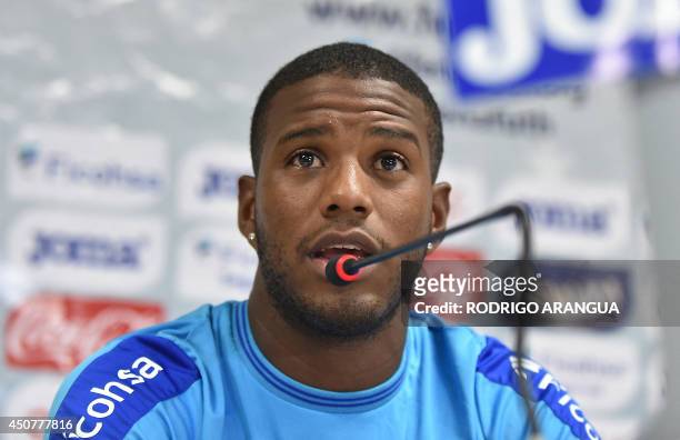 Honduras' defender Juan Carlos Garcia holds a press conference in Porto Feliz during the 2014 FIFA World Cup football tournament on June 17, 2014....