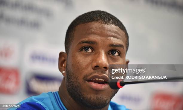 Honduras' defender Juan Carlos Garcia holds a press conference in Porto Feliz during the 2014 FIFA World Cup football tournament on June 17, 2014....