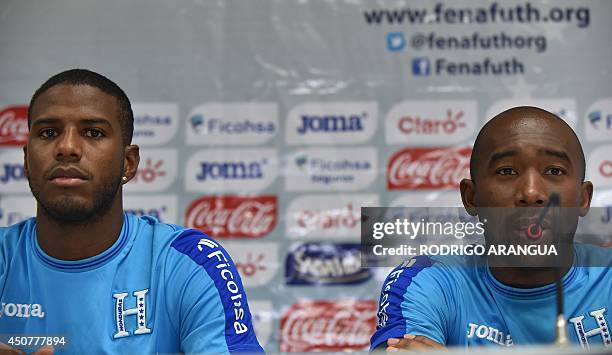 Honduras' forward Jerry Palacios and defender Juan Carlos Garcia hold a press conference in Porto Feliz during the 2014 FIFA World Cup football...