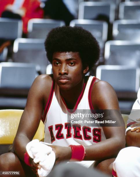 Closeup of San Diego State Tony Gwynn seated before start of game vs Grand Canyon University at San Diego Sports Arena. San Diego, CA 2/23/1980...