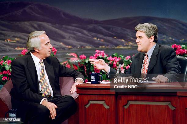 Episode 185 -- Pictured: Talk show host Tom Snyder during an interview with host Jay Leno on March 5, 1993 --