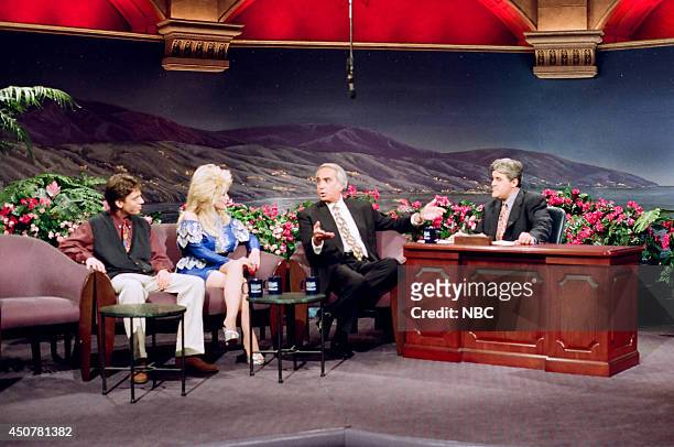 Episode 185 -- Pictured: Comedian Greg Rogell, singer Dolly Parton and talk show host Tom Snyder during an interview with host Jay Leno on March 5,...