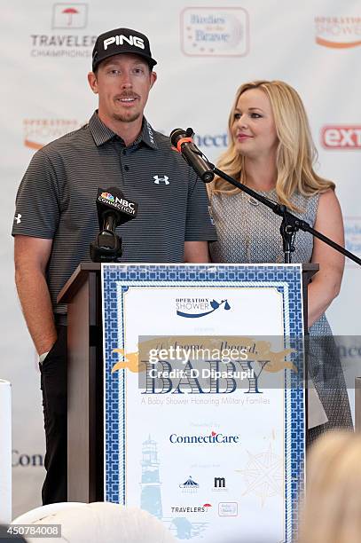 Professional golfer Hunter Mahan and wife Kandi Mahan speak on stage during Operation Shower's "Welcome Aboard, Baby" at TPC River Highlands on June...