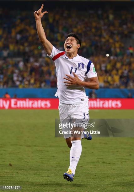 Lee Keun-Ho of South Korea celebrates scoring his team's first goal during the 2014 FIFA World Cup Brazil Group H match between Russia and South...