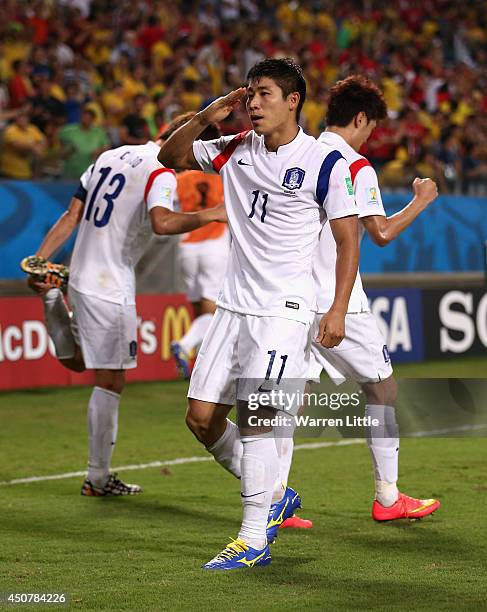 Lee Keun-Ho of South Korea celebrates scoring his team's first goal during the 2014 FIFA World Cup Brazil Group H match between Russia and South...