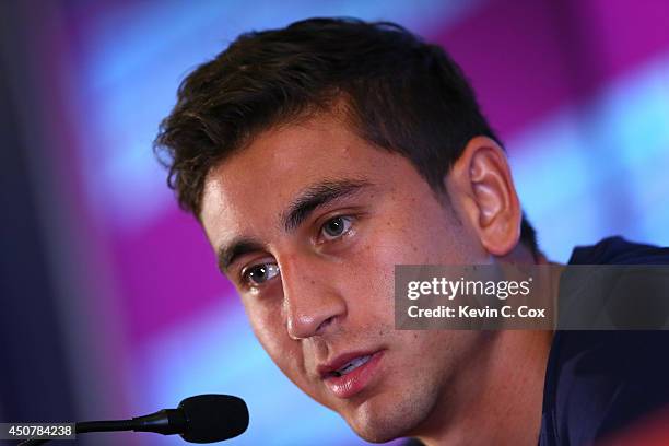 Alejandro Bedoya of the United States speaks to the media at Sao Paulo FC on June 17, 2014 in Sao Paulo, Brazil.