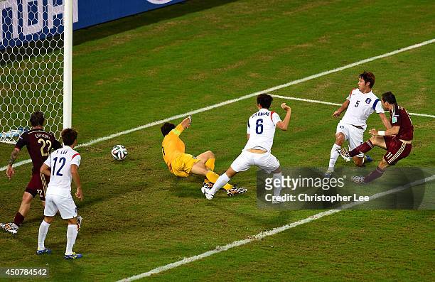 Aleksandr Kerzhakov of Russia shoots and scores his team's first goal past goalkeeper Jung Sung-Ryong of South Korea during the 2014 FIFA World Cup...