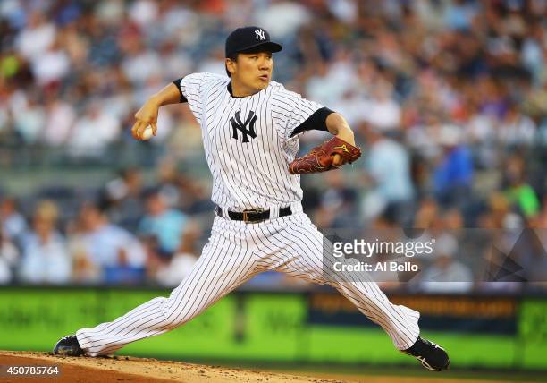 Masahiro Tanaka of the New York Yankees pitches against the Toronto Blue Jays in the first inning during their game at Yankee Stadium on June 17,...