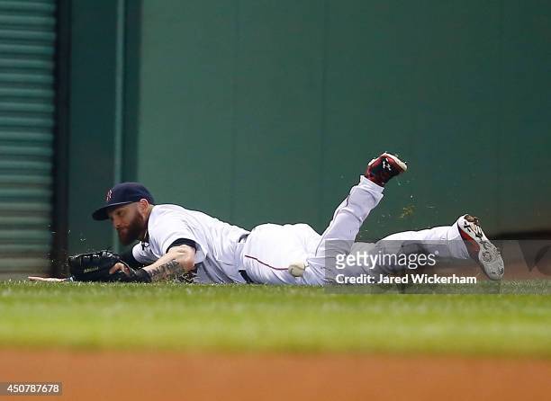 Jonny Gomes of the Boston Red Sox fails to come up with a fly ball in left field against the Minnesota Twins during the game at Fenway Park on June...