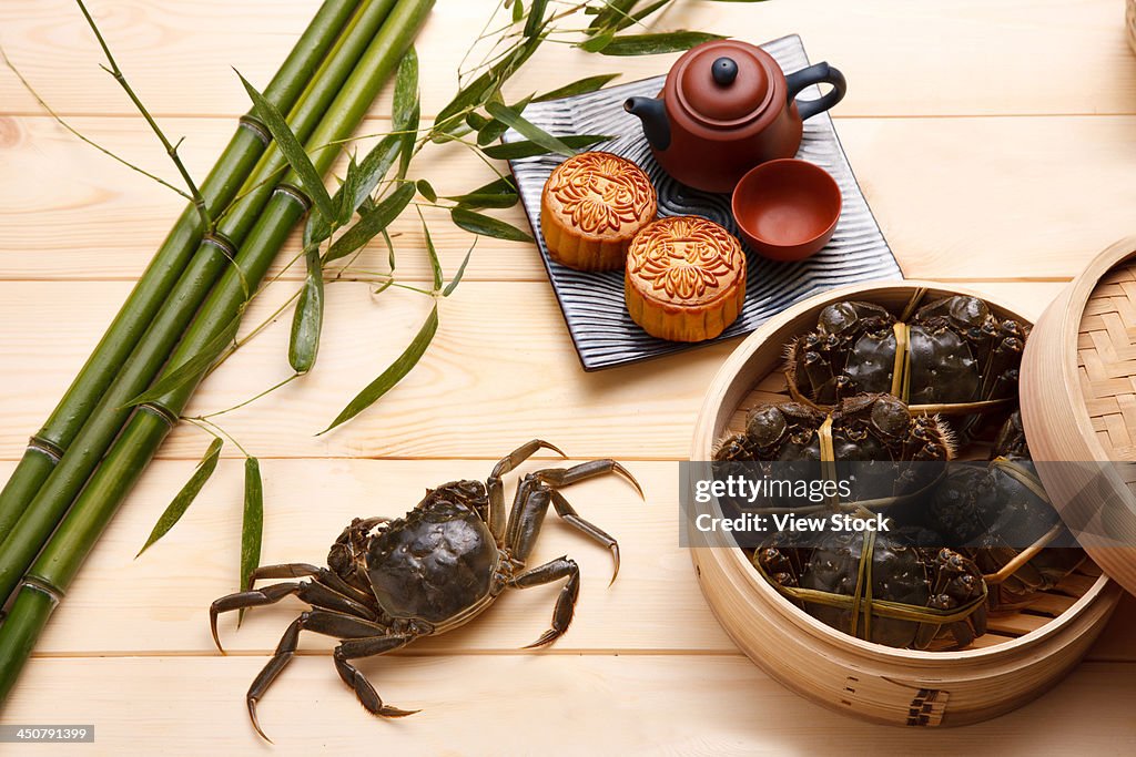 Close-up of crabs and moon cakes