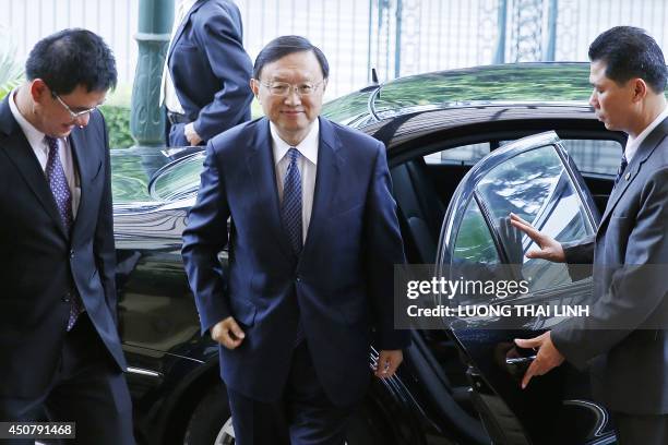 Chinese State Councilor Yang Jiechi arrives at the government's guesthouse in Hanoi on June 18, 2014. China's top foreign policy official was set to...