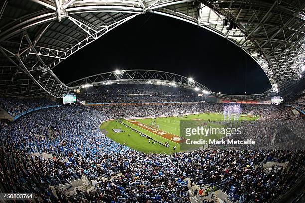General view of ANZ stadium as the teams run onto the field during game two of the State of Origin series between the New South Wales Blues and the...