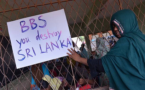 Muslims, made homeless after two days of anti-Muslim riots in Sri Lankas tourist region of Alutgama, demonstrate against radical Buddhist group Bodu...