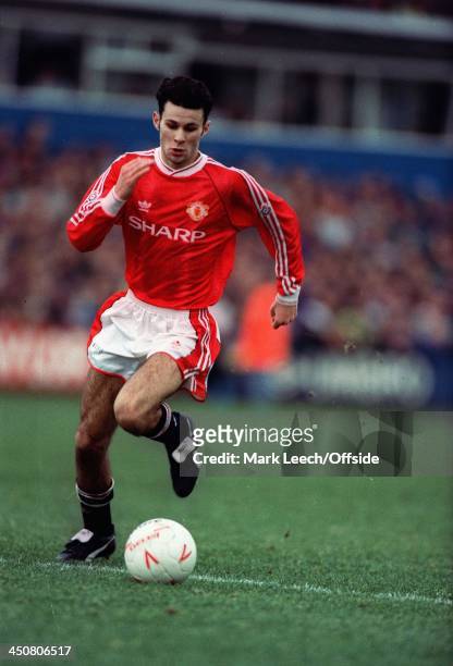 December 1991 Football League - Oldham Athletic v Manchester United, Ryan Giggs in action for United.