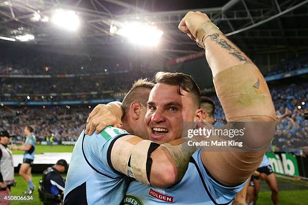 Anthony Watmough of the Blues celebrates winning the series after game two of the State of Origin series between the New South Wales Blues and the...