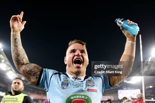 Anthony Watmough of the Blues celebrates winning the series after game two of the State of Origin series between the New South Wales Blues and the...