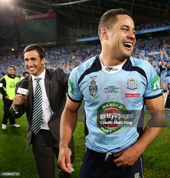 Jarryd Hayne of the Blues celebrates winning the series after game two of the State of Origin series between the New South Wales Blues and the...