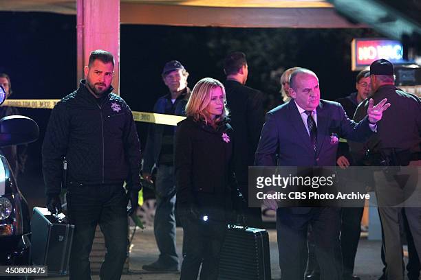 Check In Check Out" - Caption Jim Brass shows Nick Stokes and Julie Finlay around the crime scene where a couple was found stabbed, on CSI: CRIME...