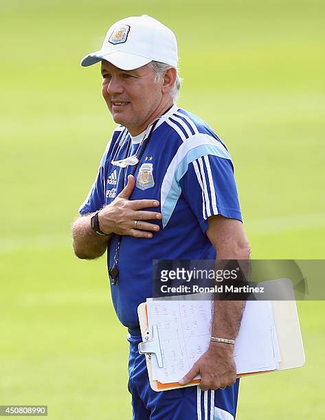 Coach Alejandro Sabella of Argentina during a training session at Cidade do Galo on June 18, 2014 in Vespasiano, Brazil.