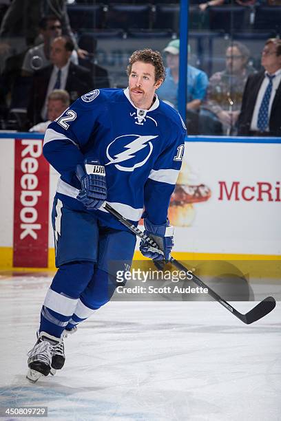 Ryan Malone of the Tampa Bay Lightning skates during the pre game warmups prior to the game against the Anaheim Ducks at the Tampa Bay Times Forum on...