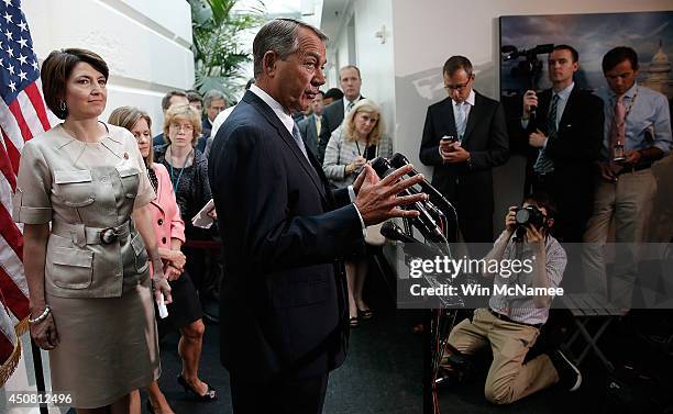 Speaker of the House John Boehner speaks following a meeting of the House Republican conference June 18, 2014 at the U.S. Capitol in Washington, DC....