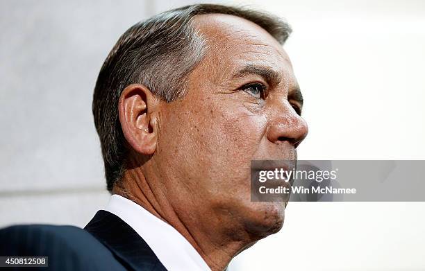 Speaker of the House John Boehner speaks following a meeting of the House Republican conference June 18, 2014 at the U.S. Capitol in Washington, DC....