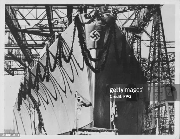 The German battleship 'Bismarck', at the ship's launching ceremony prior to World War Two, Germany, February 14th 1939.