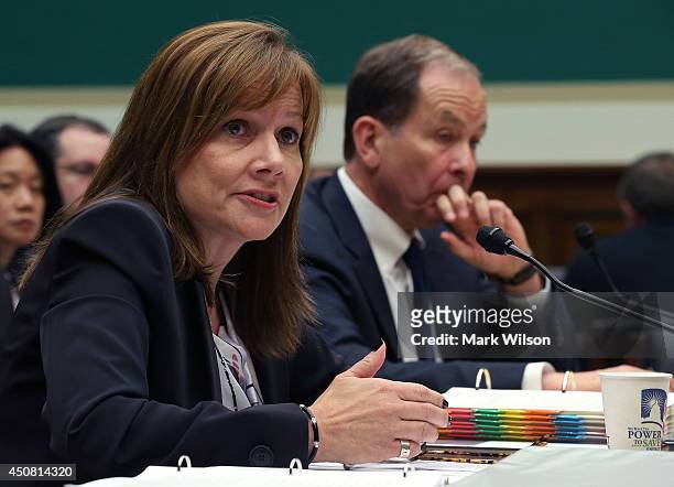 General Motors CEO Mary Barra , and Anton Valukas, head of GM's internal recall investigation, field questions while testifying during a House Energy...