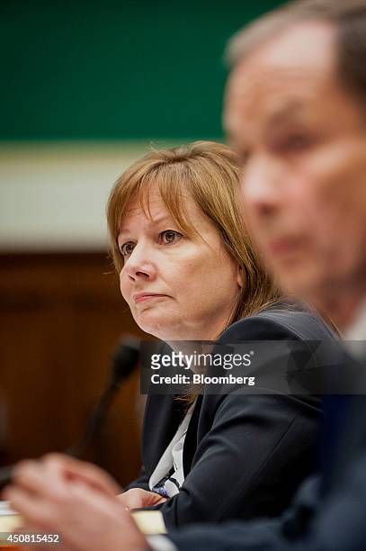 Mary Barra, chief executive officer of General Motors Co., testifies at a U.S. House Subcommittee on Oversight and Investigations hearing in...