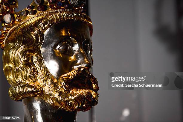 Bust of Charlemagne at the exhibition "Charlemagne: Power, Art, Treasures" during the press day on June 18, 2014 in Aachen, Germany. The three-part...