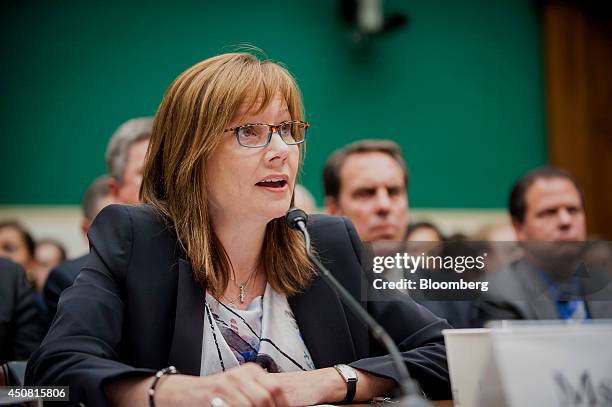 Mary Barra, chief executive officer of General Motors Co., testifies at a U.S. House Subcommittee on Oversight and Investigations hearing in...