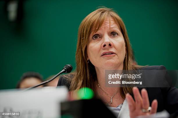Mary Barra, chief executive officer of General Motors Co., testifies at a U.S. House Subcommittee on Oversight and Investigations hearing in...