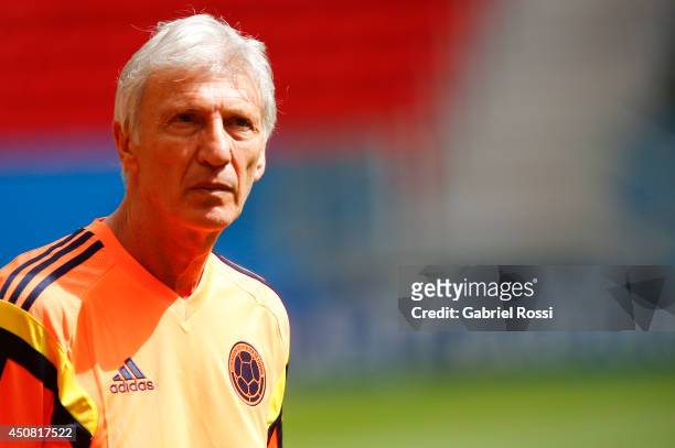 Jose Nestor Pekerman, head coach of Colombia, looks on during the training session ahead of the Group C match between Colombia and Cote D'Ivoire as...