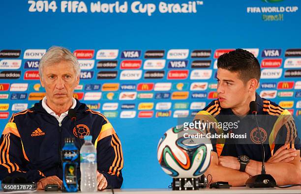 Head Coach Jose Néstor Pekerman and James Rodriguez of Colombia during the press conference ahead of the Group C match between Colombia and Cote...