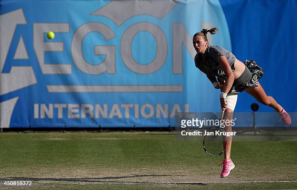 Petra Kvitova of Czech Republic serves against Varvara Lepchenko of USA during their Women's Singles match on day five of the Aegon International at...