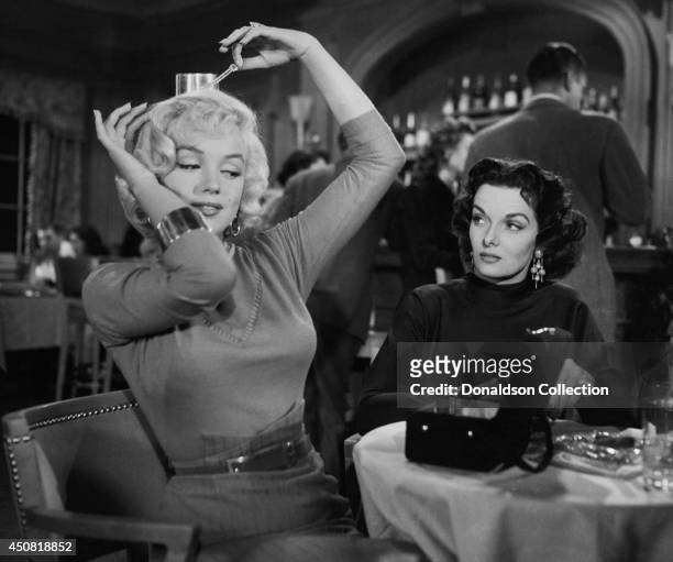 Actresses Marilyn Monroe and Jane Russell in a publicity still for the film 'Gentlemen Prefer Blondes' in 1953 in Los Angeles, California.