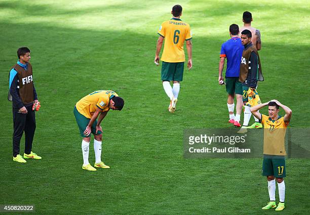 Matt McKay of Australia looks dejected after their team's 3-2 defeat in the 2014 FIFA World Cup Brazil Group B match between Australia and...