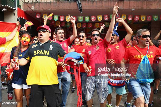 Spain fans enjoy the atmosphere prior to the 2014 FIFA World Cup Brazil Group B match between Spain and Chile at Maracana on June 18, 2014 in Rio de...
